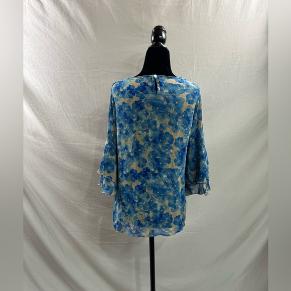Floral Print Round Neck Flare Sleeve Blouse Blue - Picture 8 of 8